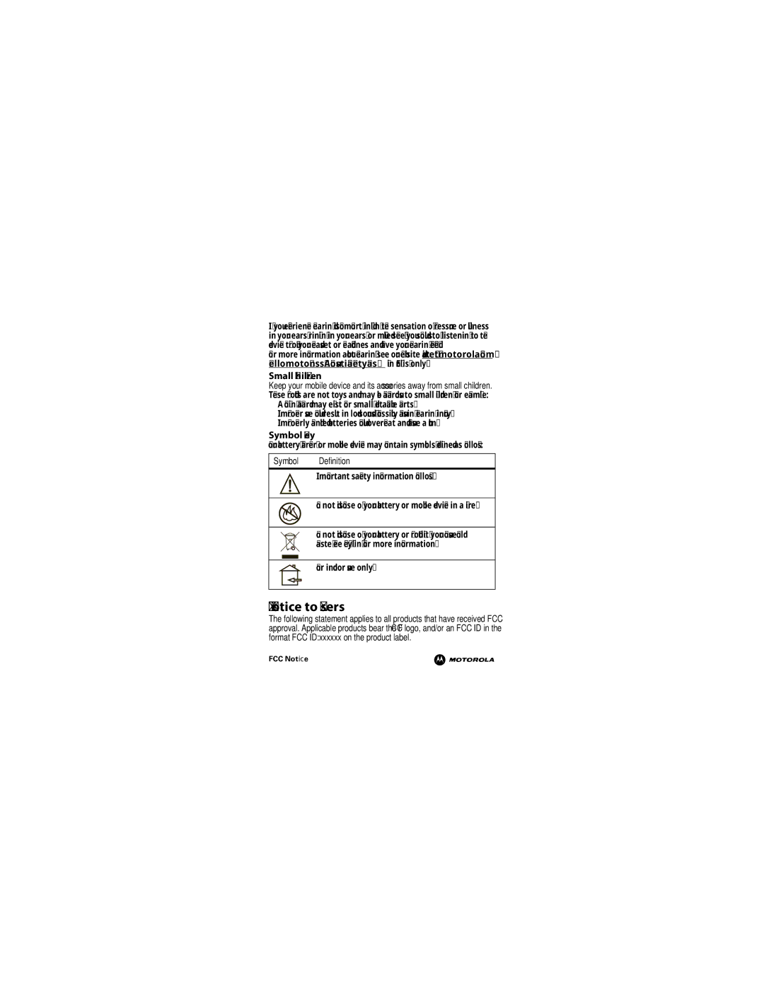 Motorola 68000202964-A manual FCC Notice to Users, Small Children, Symbol Key, Symbol Definition, For indoor use only 