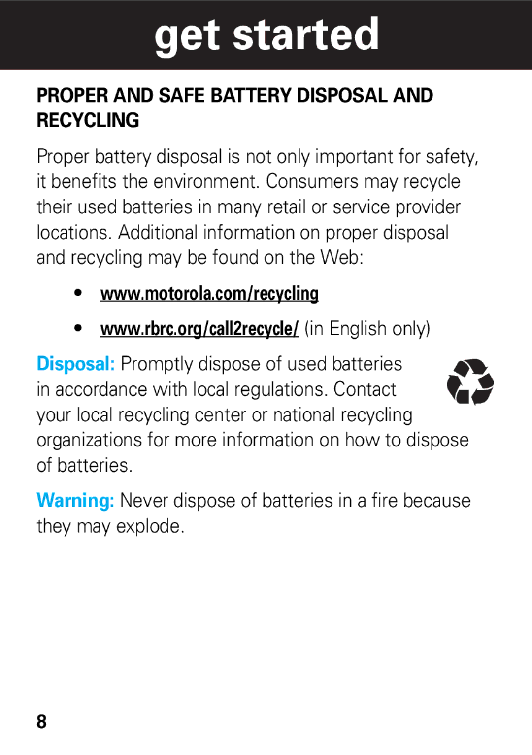 Motorola 68002425001 quick start Proper and Safe Battery Disposal and Recycling 