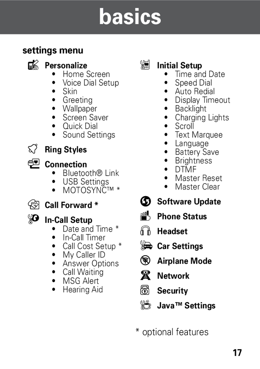 Motorola 68002425001 quick start Settings menu, Personalize 