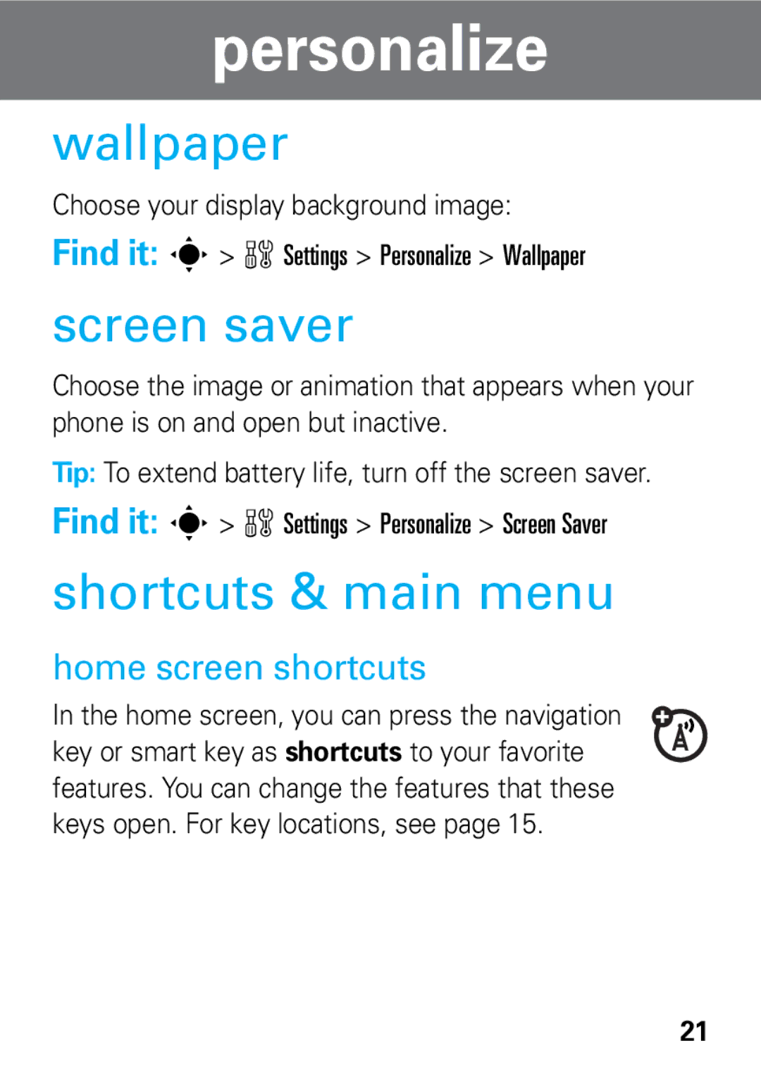 Motorola 68002425001 quick start Wallpaper, Screen saver, Shortcuts & main menu, Home screen shortcuts 