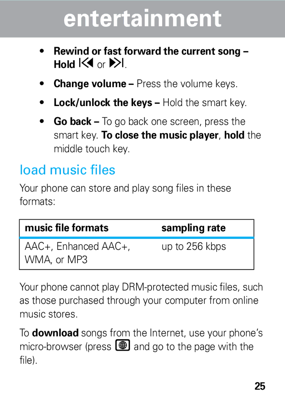 Motorola 68002425001 quick start Load music files, Rewind or fast forward the current song Hold xor z 