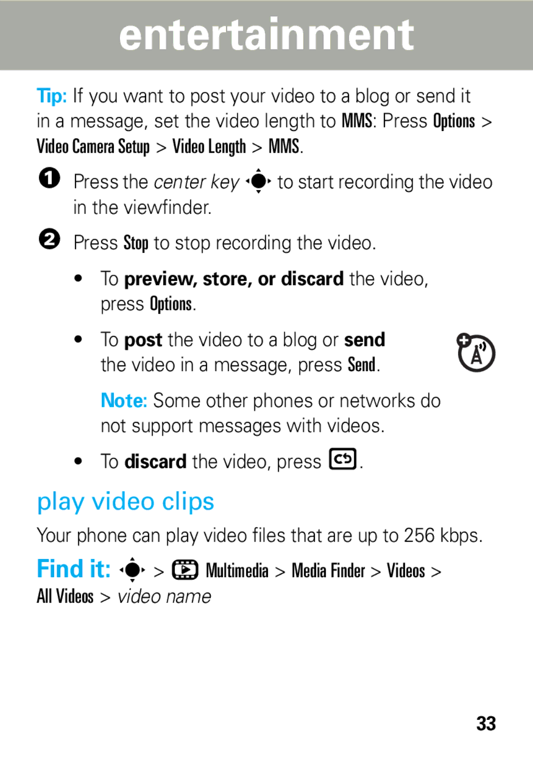 Motorola 68002425001 quick start Play video clips, Tip If you want to post your video to a blog or send it 