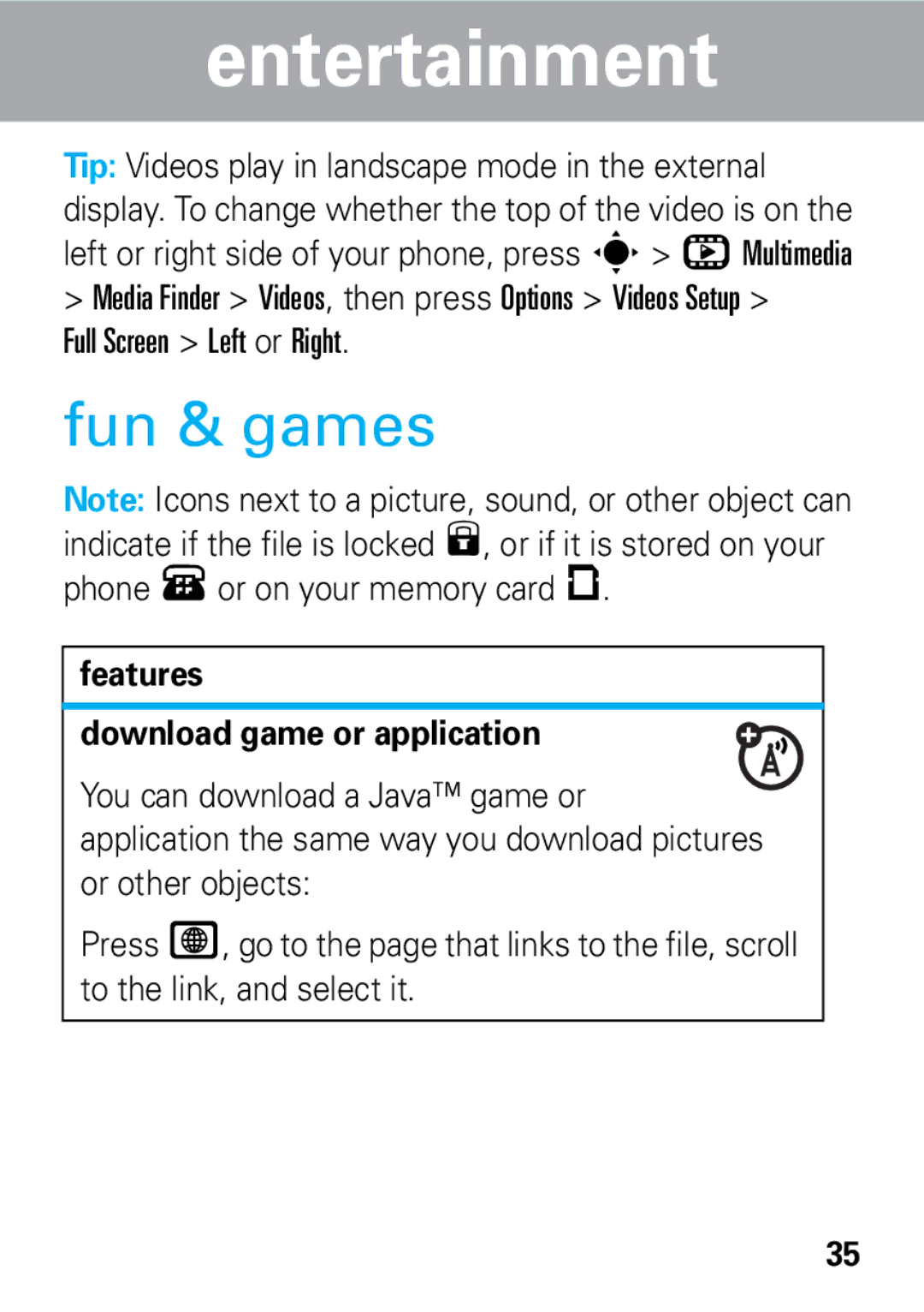 Motorola 68002425001 quick start Fun & games, Full Screen Left or Right, Features Download game or application 