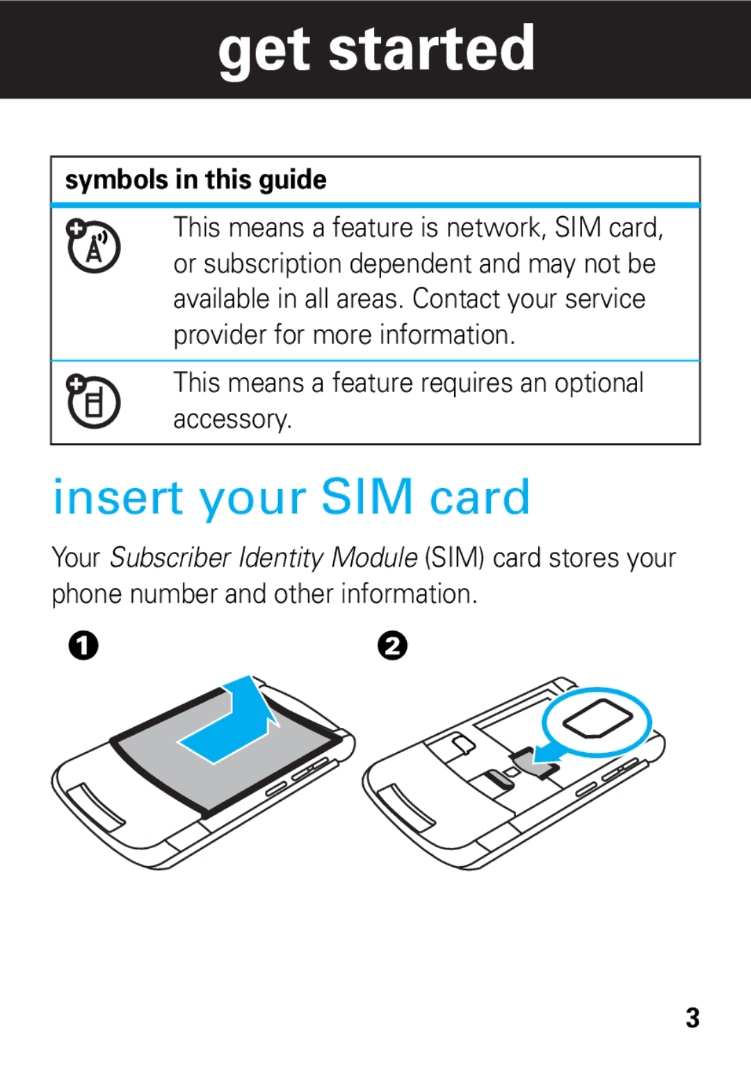 Motorola 68002425001 Insert your SIM card, Symbols in this guide, This means a feature requires an optional accessory 