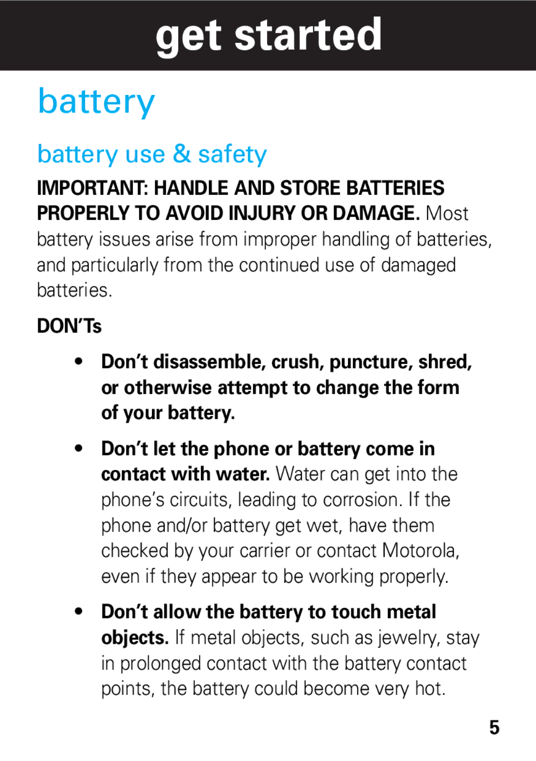 Motorola 68002425001 quick start Battery use & safety, DON’Ts 