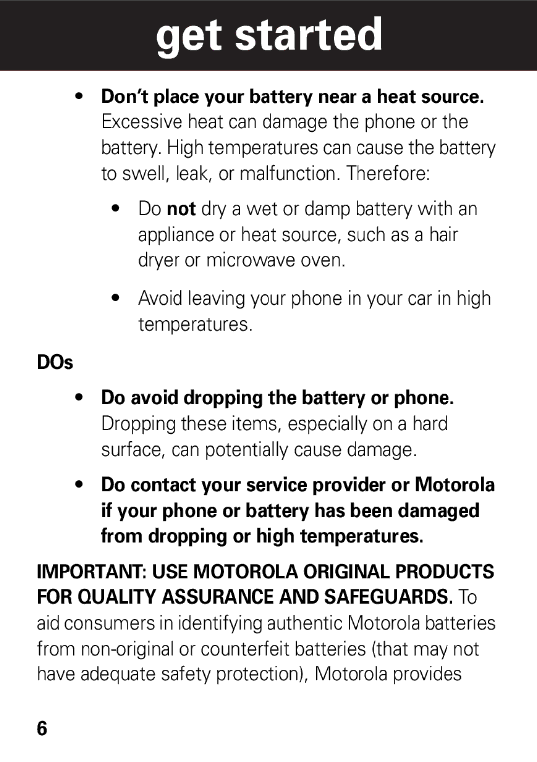 Motorola 68002425001 quick start Avoid leaving your phone in your car in high temperatures, DOs 