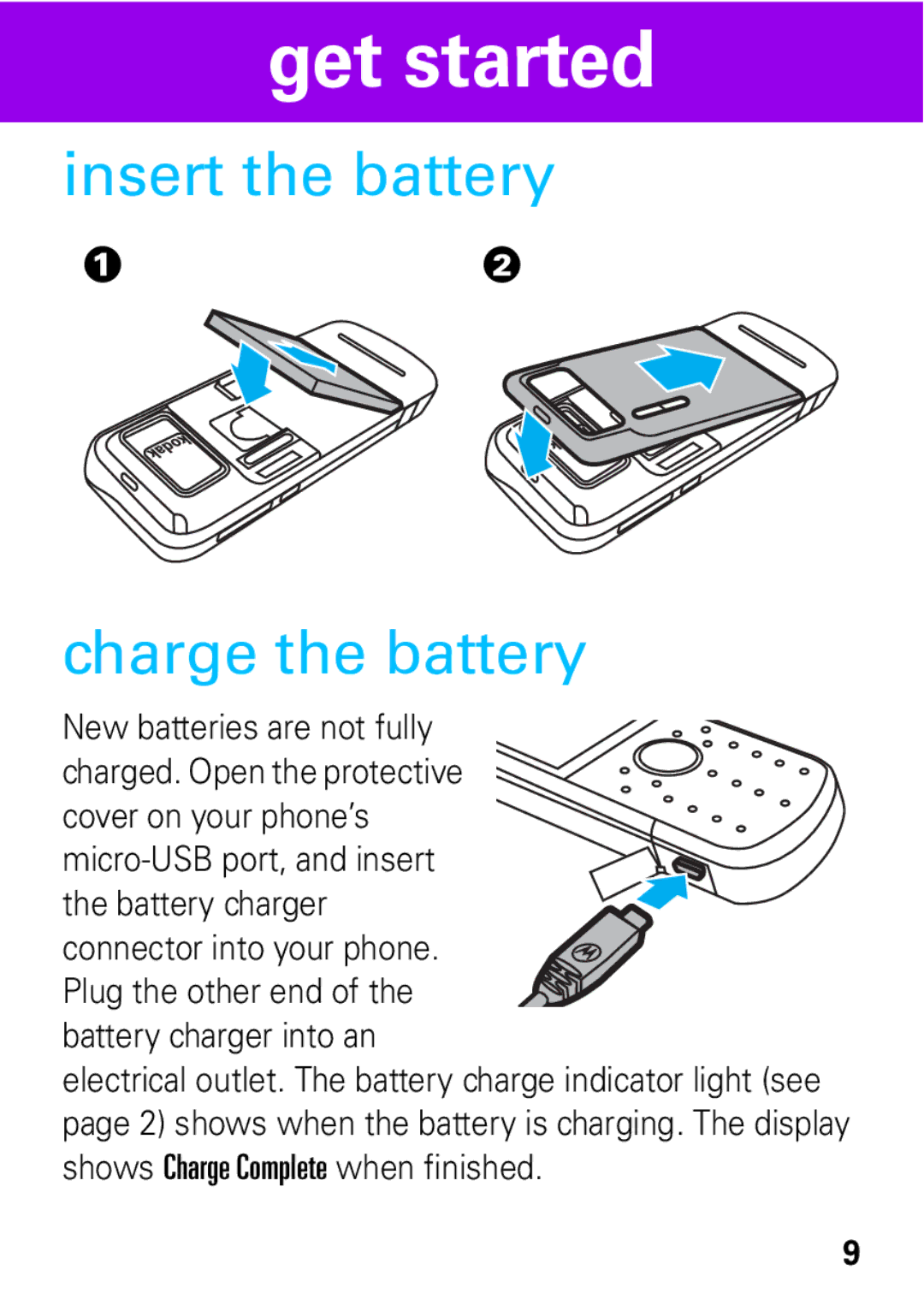 Motorola 68004018058 manual Insert the battery Charge the battery 