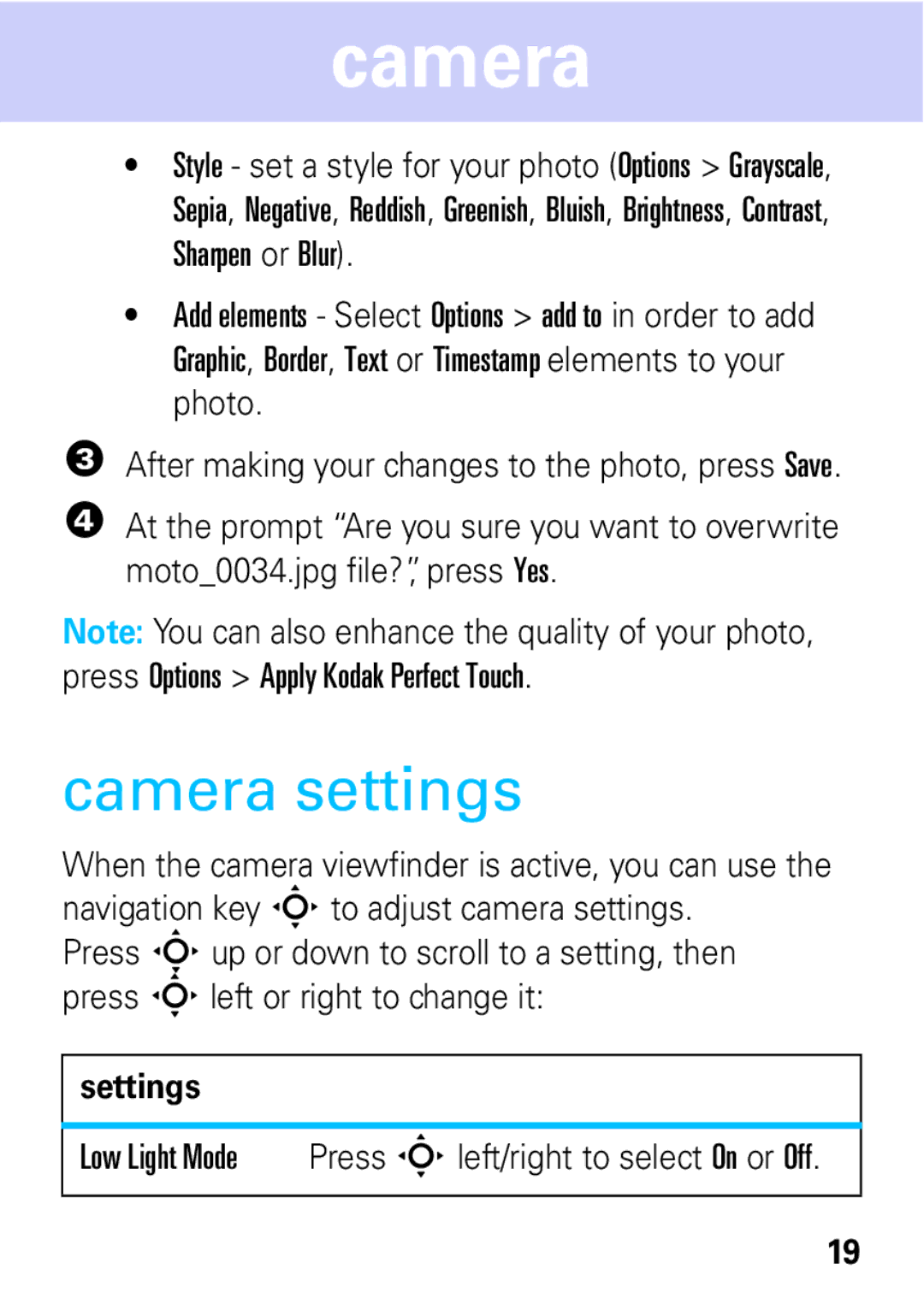 Motorola 68004018058 manual Camera settings 