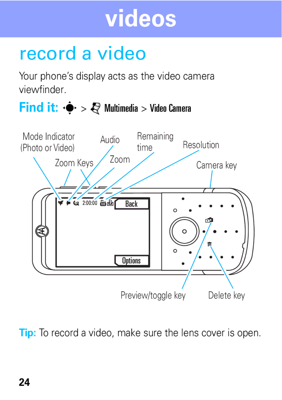 Motorola 68004018058 manual Videos, Record a video 