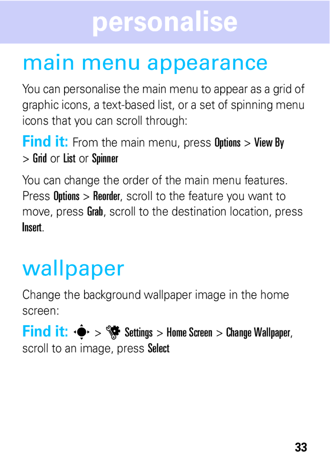 Motorola 68004018058 manual Main menu appearance, Wallpaper 