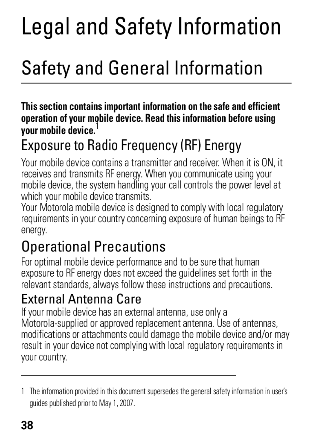 Motorola 68004018058 manual Legal and Safety Information, Safety and General Information 