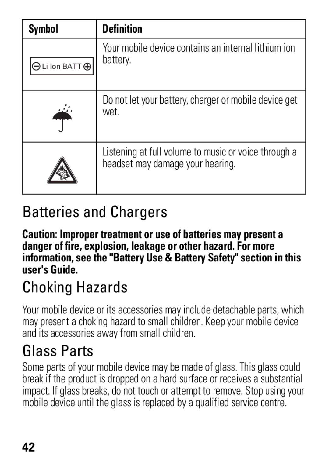 Motorola 68004018058 manual Batteries and Chargers Choking Hazards 