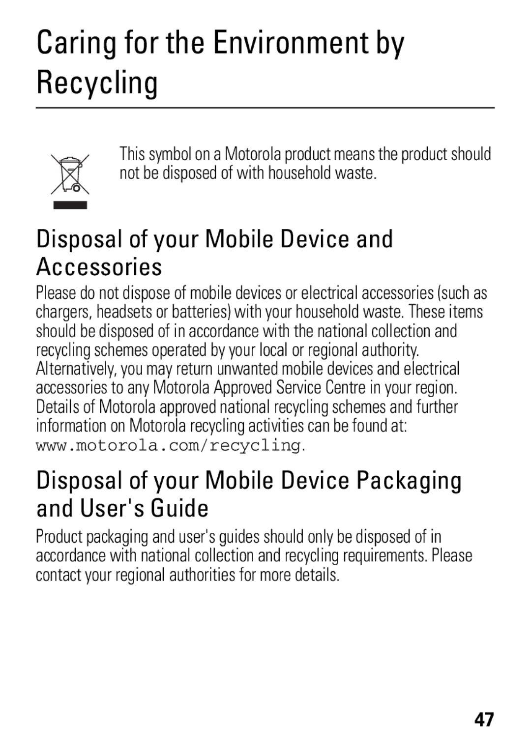 Motorola 68004018058 manual Caring for the Environment by Recycling 