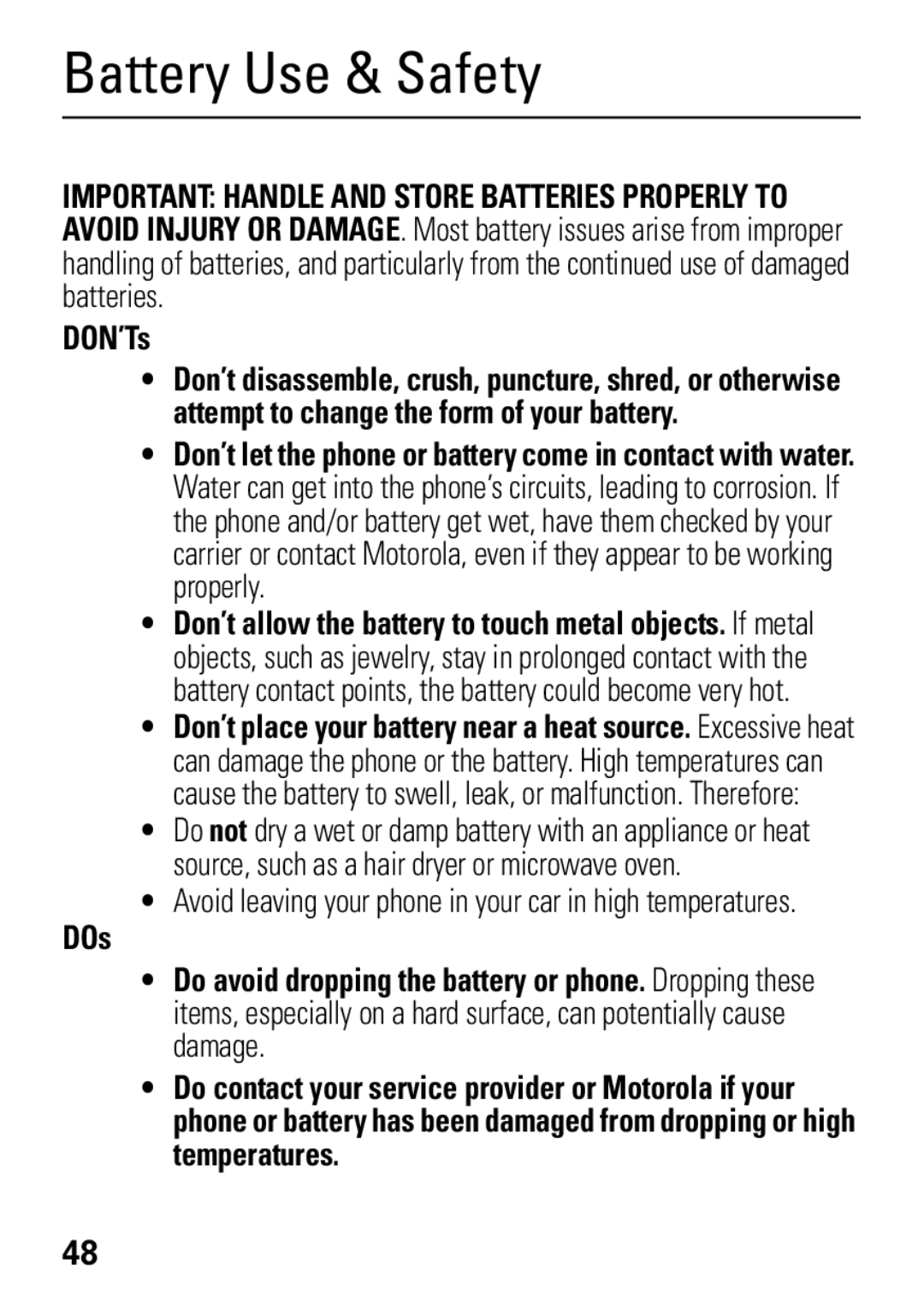 Motorola 68004018058 manual Battery Use & Safety, DON’Ts 