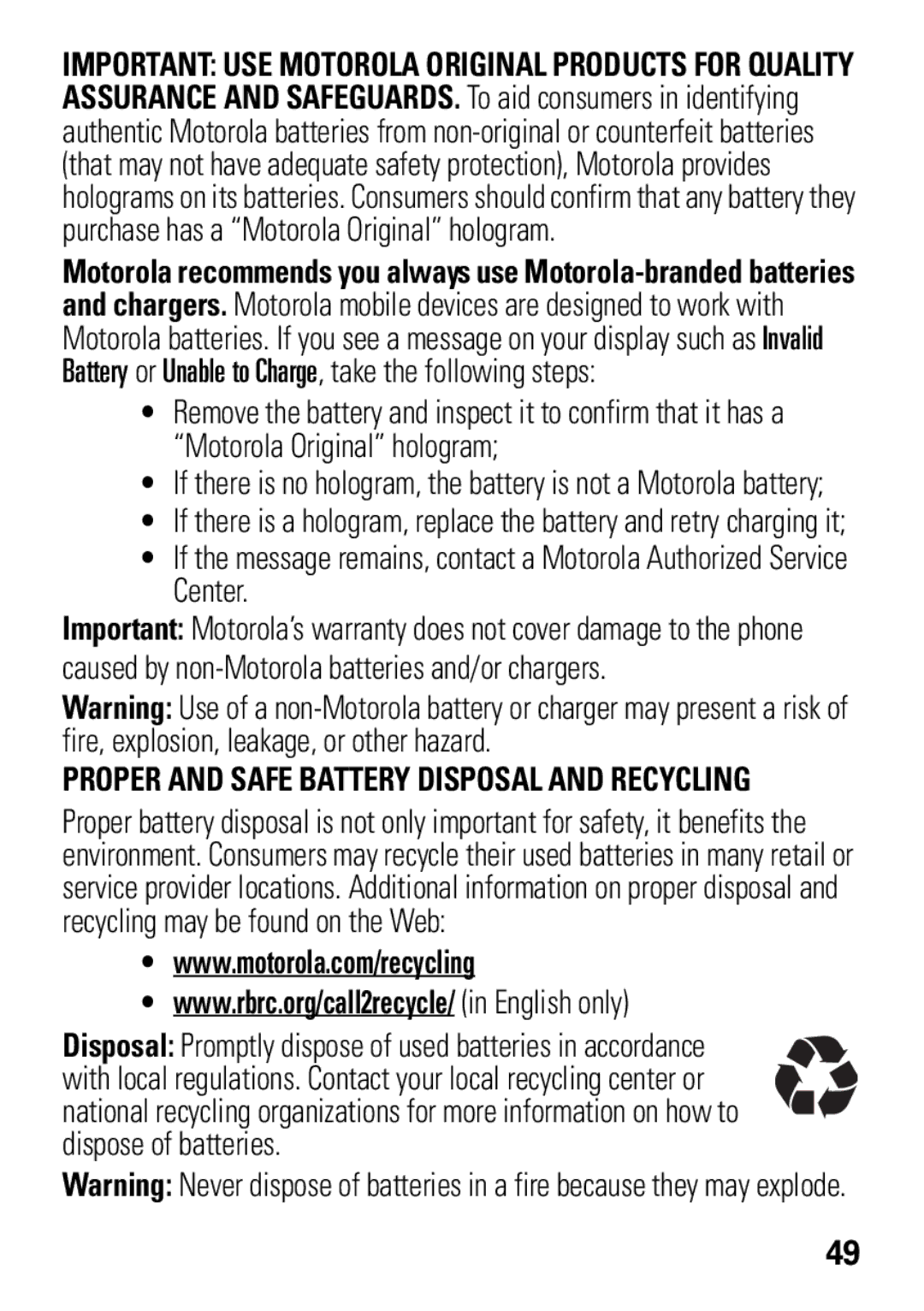 Motorola 68004018058 manual Proper and Safe Battery Disposal and Recycling 