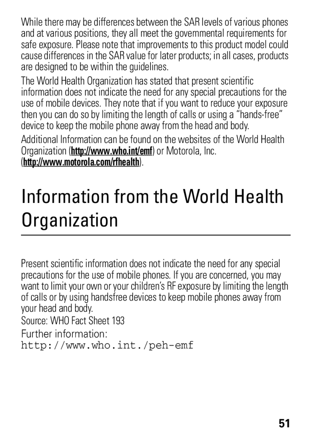 Motorola 68004018058 manual Information from the World Health Organization 