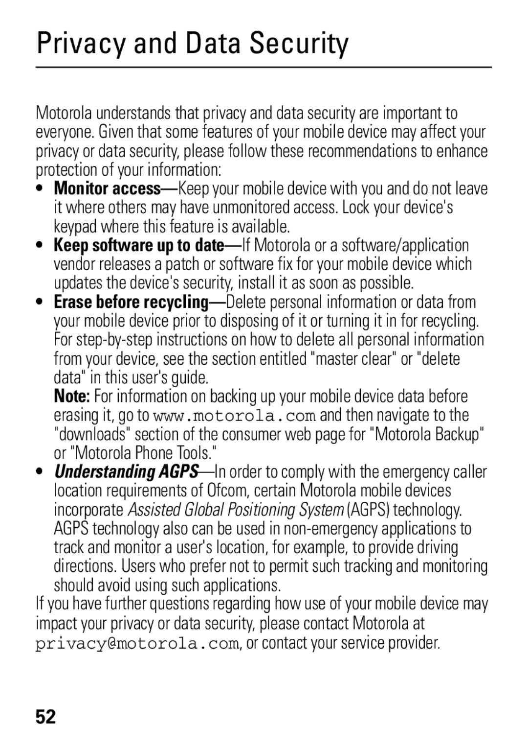 Motorola 68004018058 manual Privacy and Data Security 