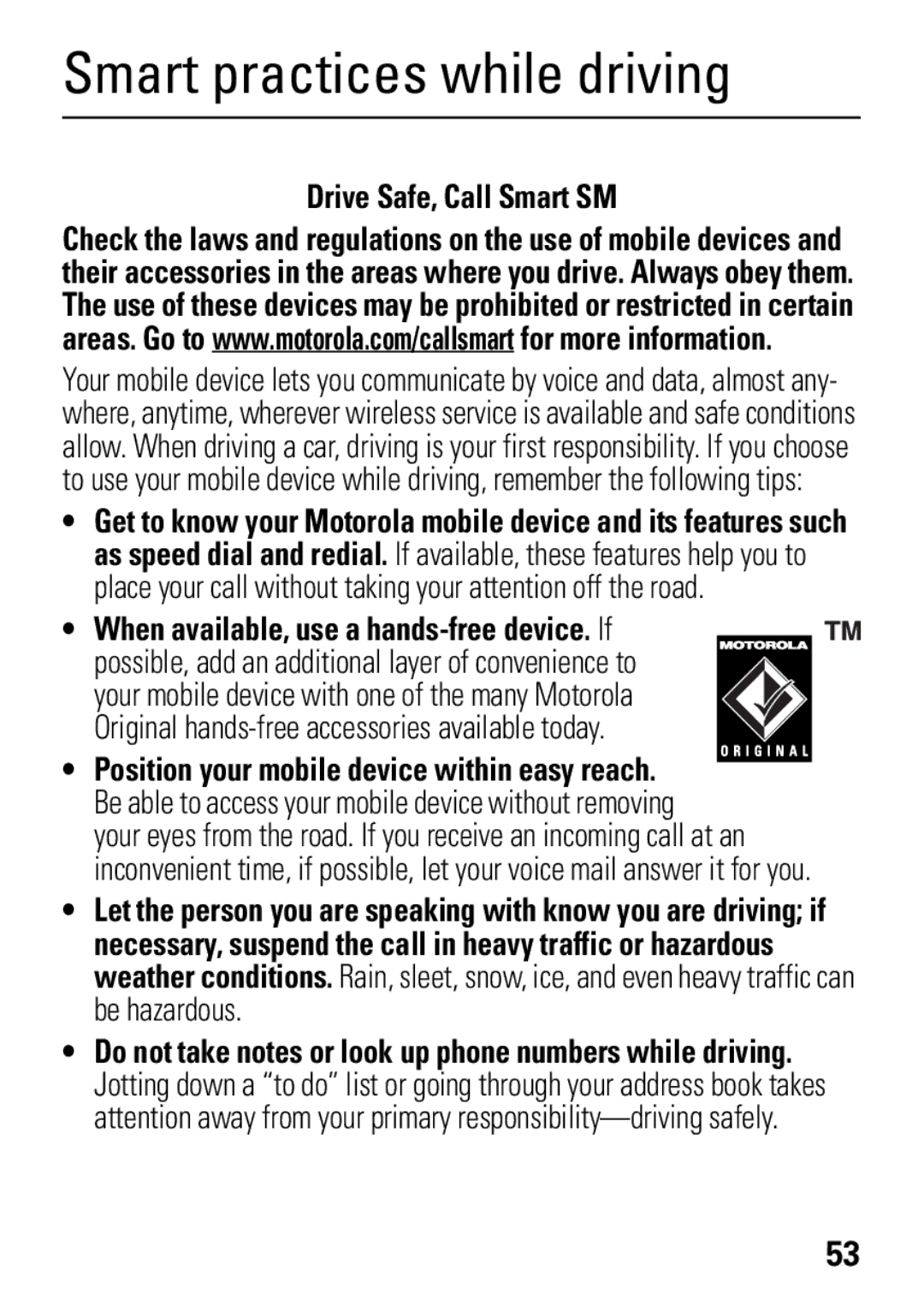 Motorola 68004018058 manual Smart practices while driving, Drive Safe, Call Smart SM 