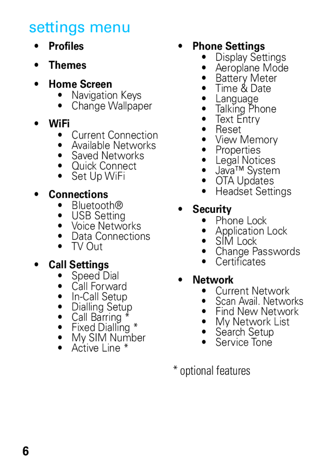 Motorola 68004018058 manual Settings menu 