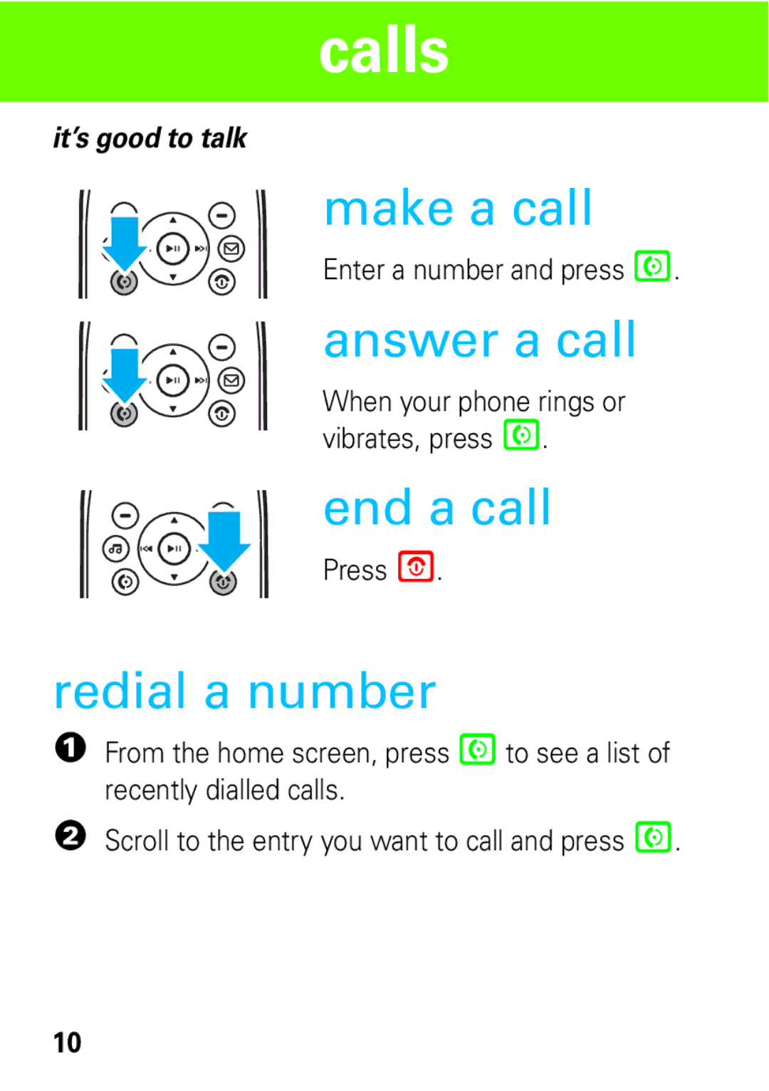 Motorola 68004061015 manual Calls, Make a call, Answer a call, End a call, Redial a number 