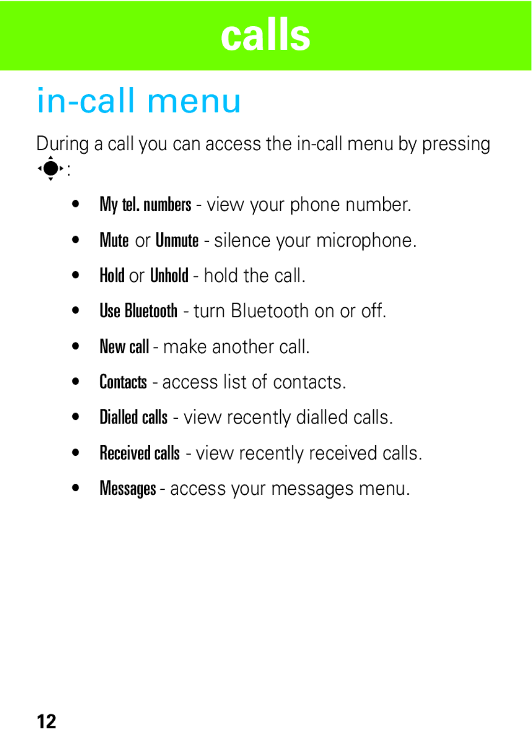 Motorola 68004061015 manual In-call menu 