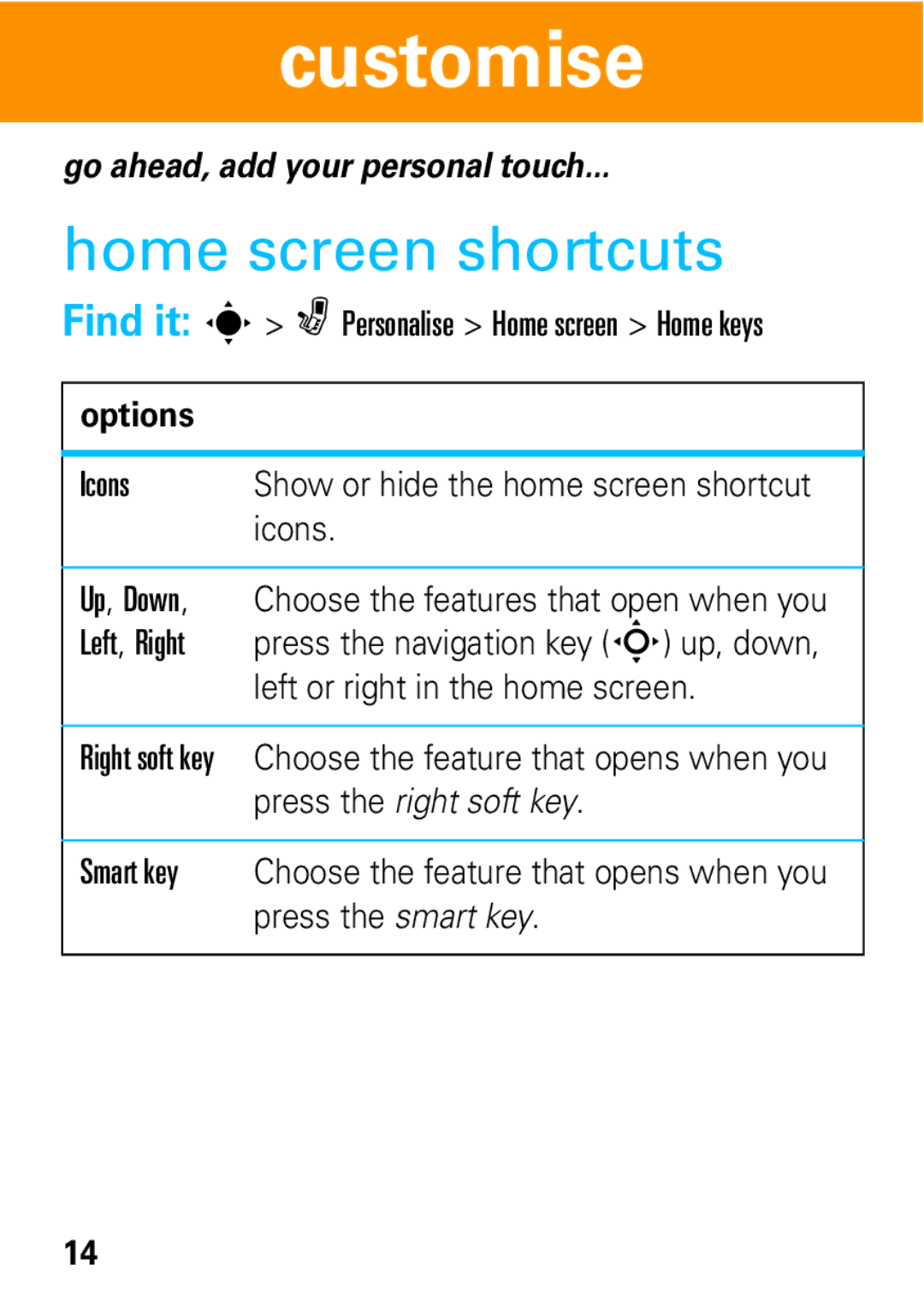 Motorola 68004061015 manual Customise, Home screen shortcuts 