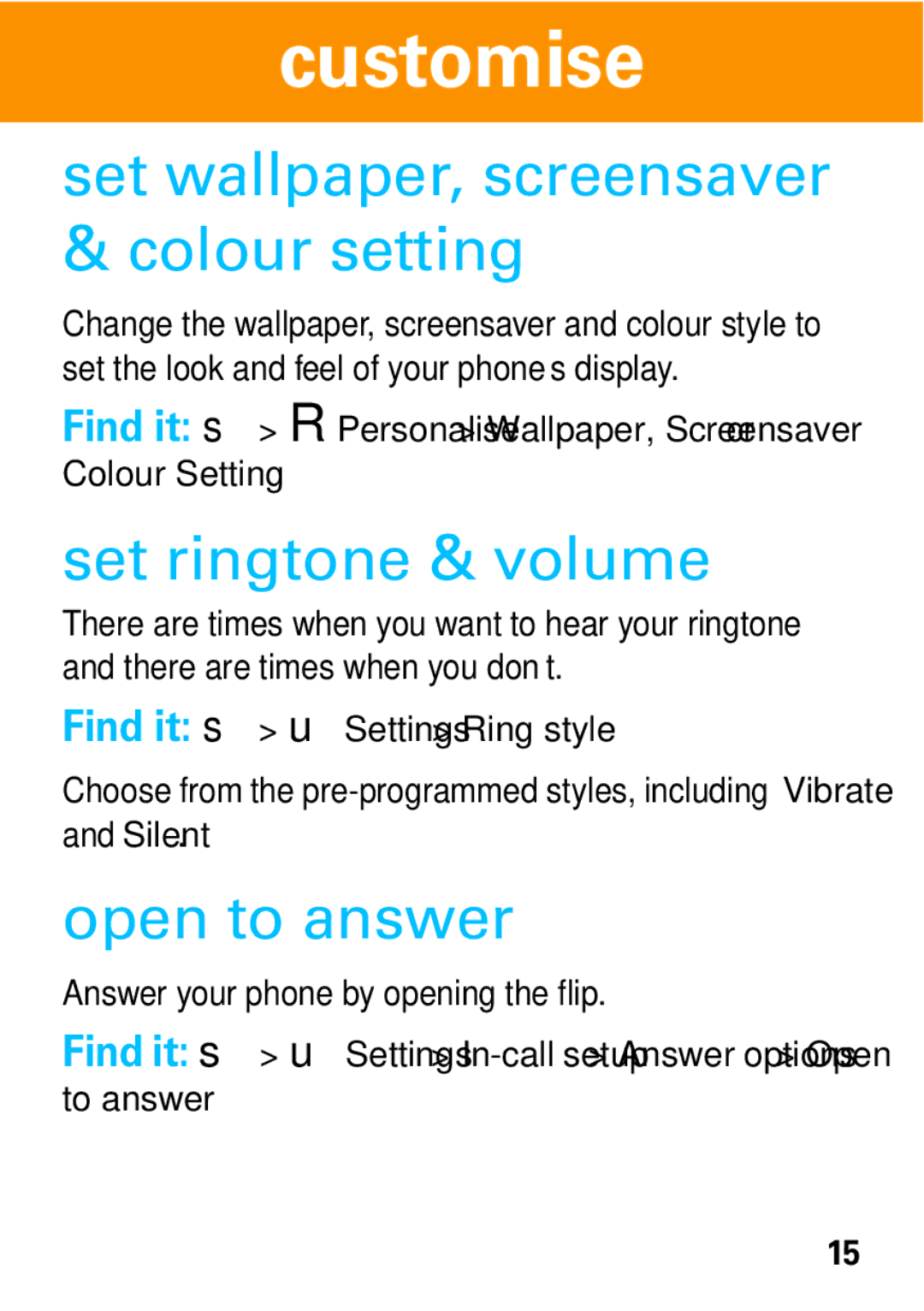 Motorola 68004061015 manual Set wallpaper, screensaver & colour setting, Set ringtone & volume, Open to answer 