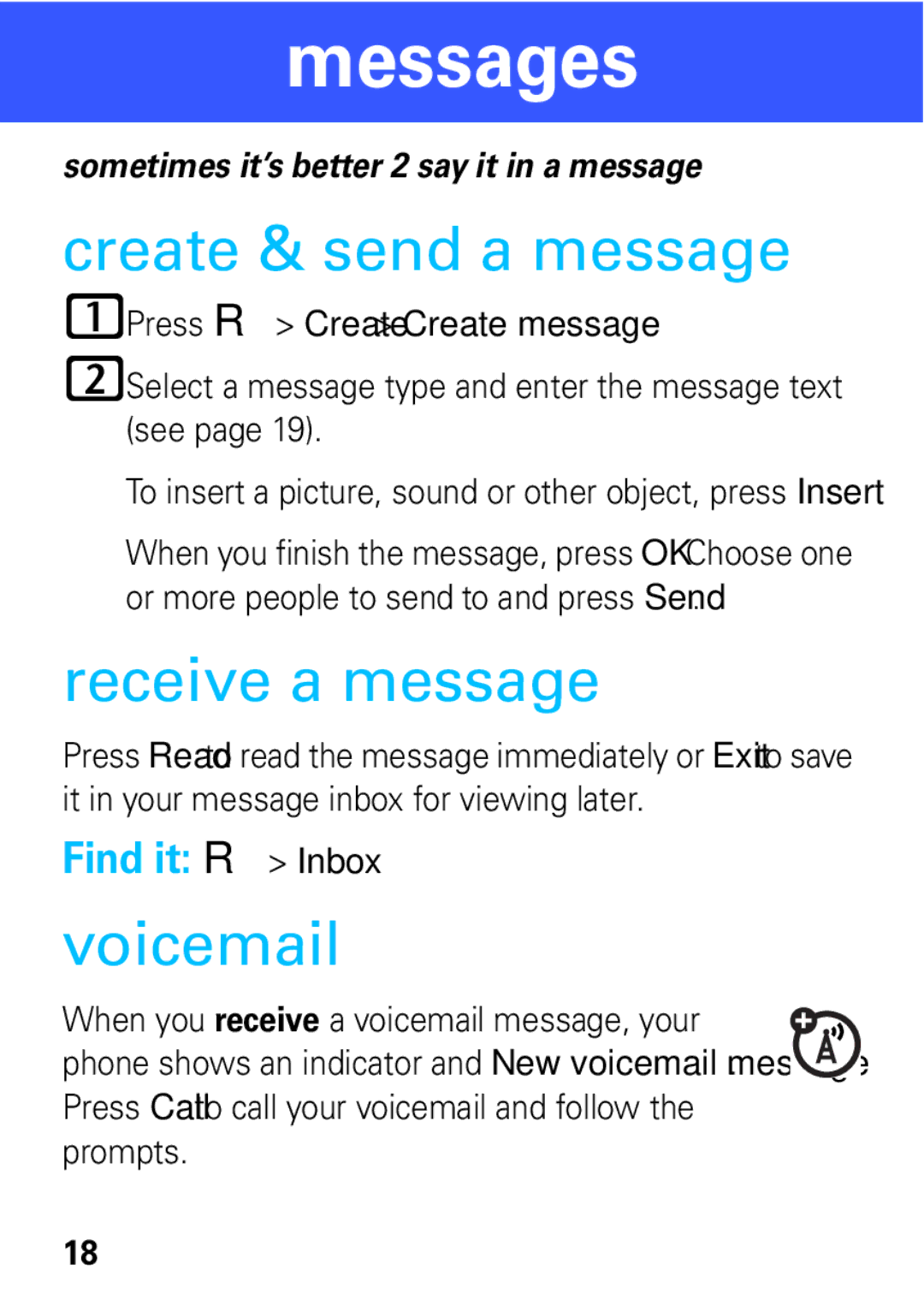 Motorola 68004061015 manual Messages, Create & send a message, Receive a message, Voicemail 