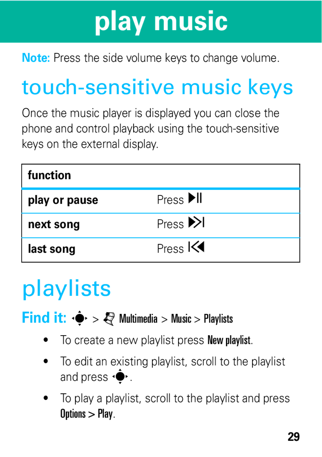 Motorola 68004061015 manual Playlists, Touch-sensitive music keys 