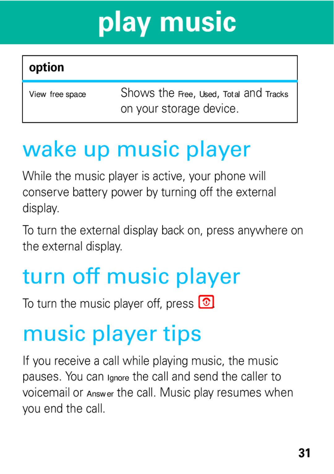 Motorola 68004061015 manual Wake up music player, Turn off music player, Music player tips 