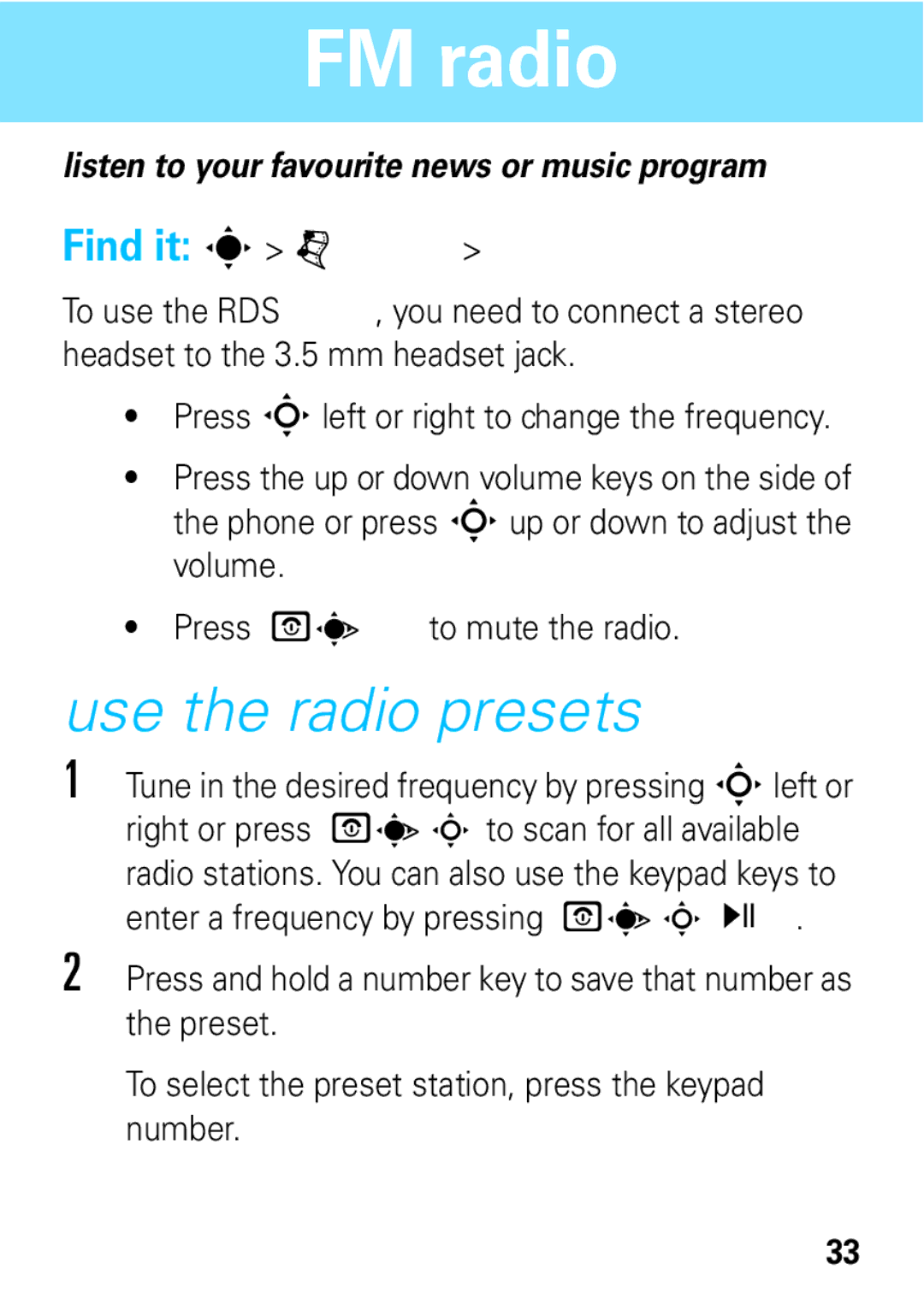 Motorola 68004061015 manual FM radio, Use the radio presets 