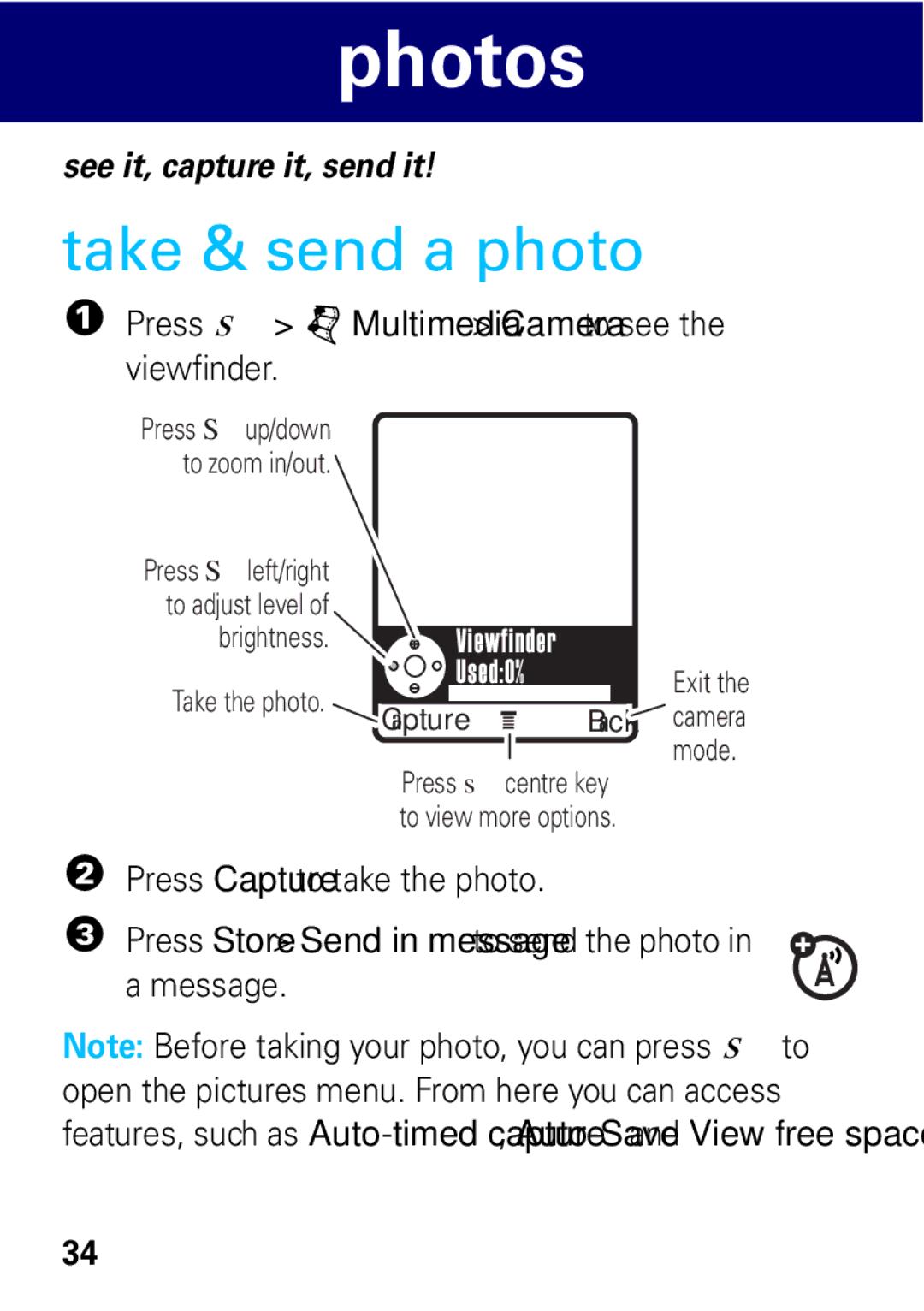 Motorola 68004061015 manual Photos, Take & send a photo 