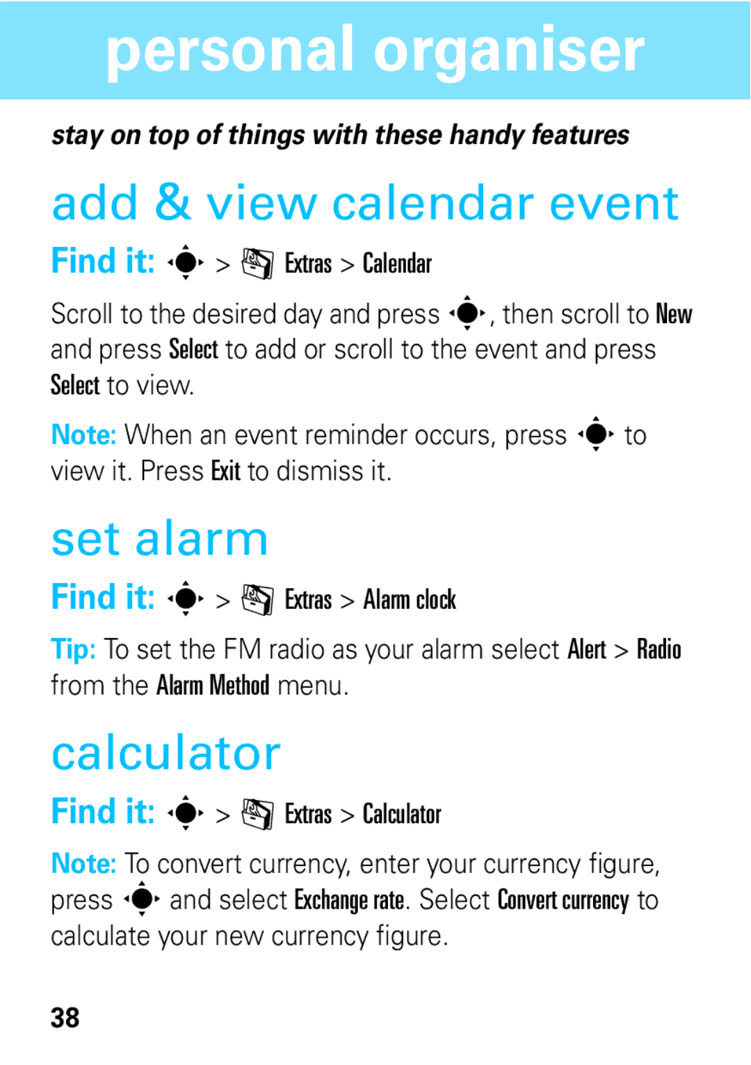 Motorola 68004061015 manual Personal organiser, Add & view calendar event, Set alarm, Calculator 