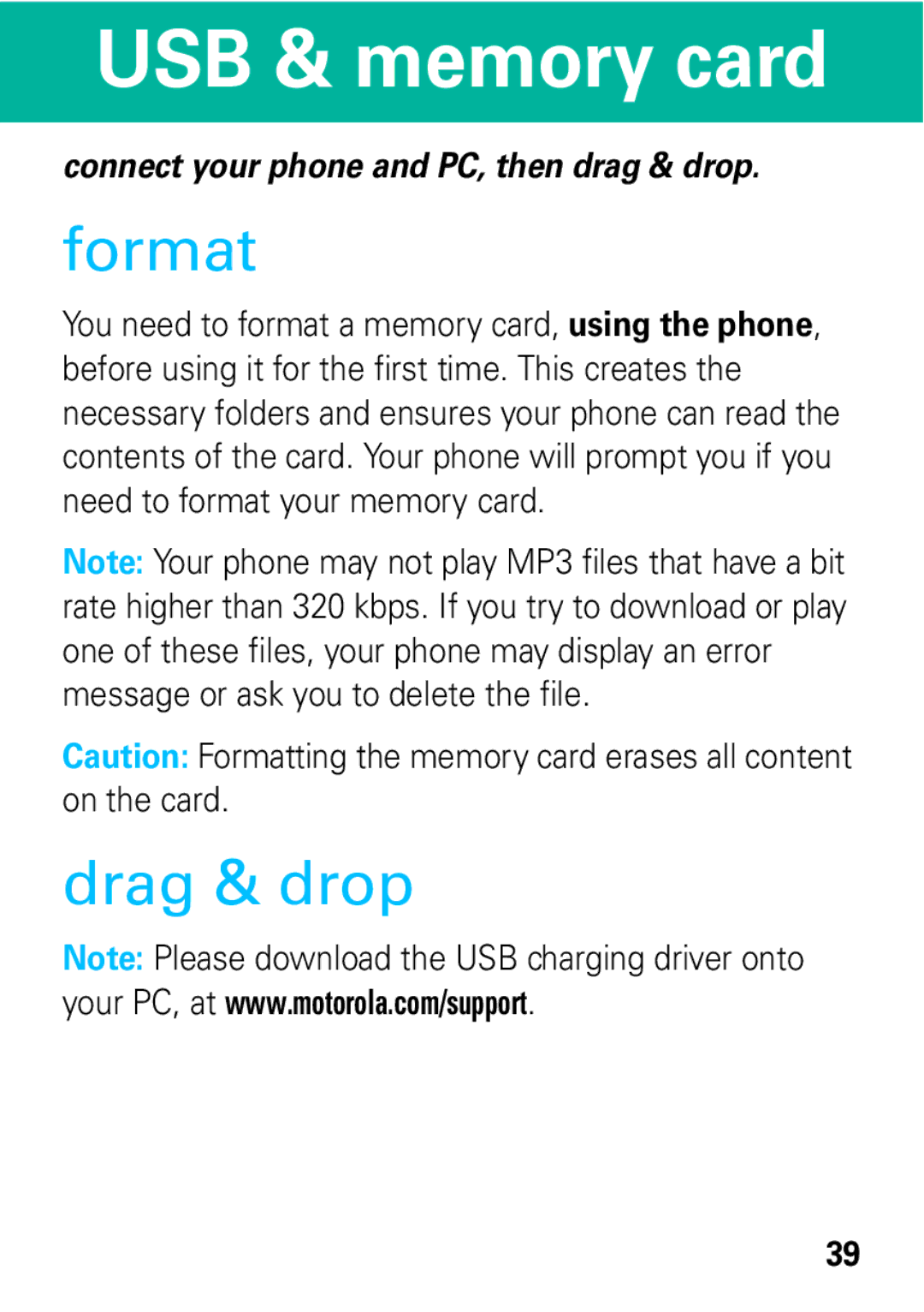 Motorola 68004061015 manual USB & memory card, Format, Drag & drop 