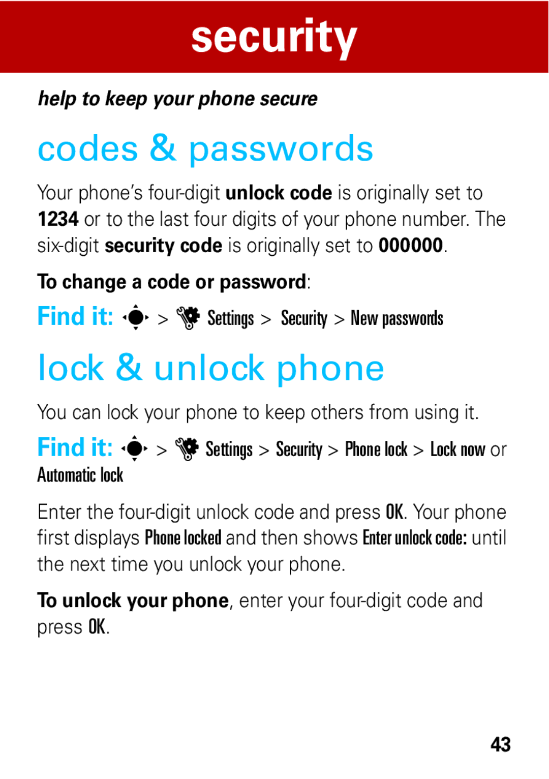 Motorola 68004061015 manual Security, Codes & passwords, Lock & unlock phone 