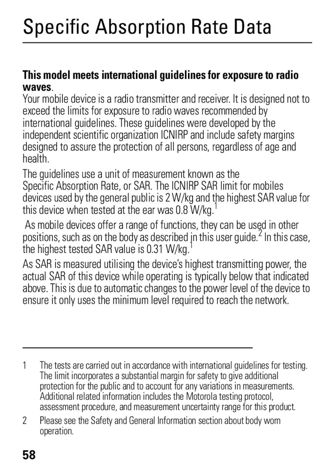 Motorola 68004061015 manual Specific Absorption Rate Data, Guidelines use a unit of measurement known as 