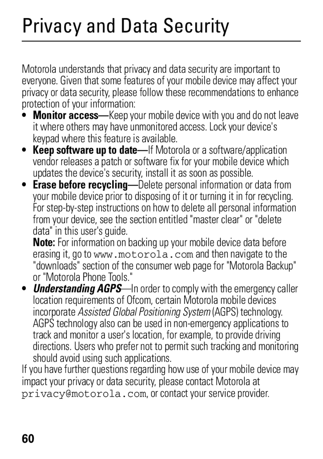 Motorola 68004061015 manual Privacy and Data Security, Should avoid using such applications 