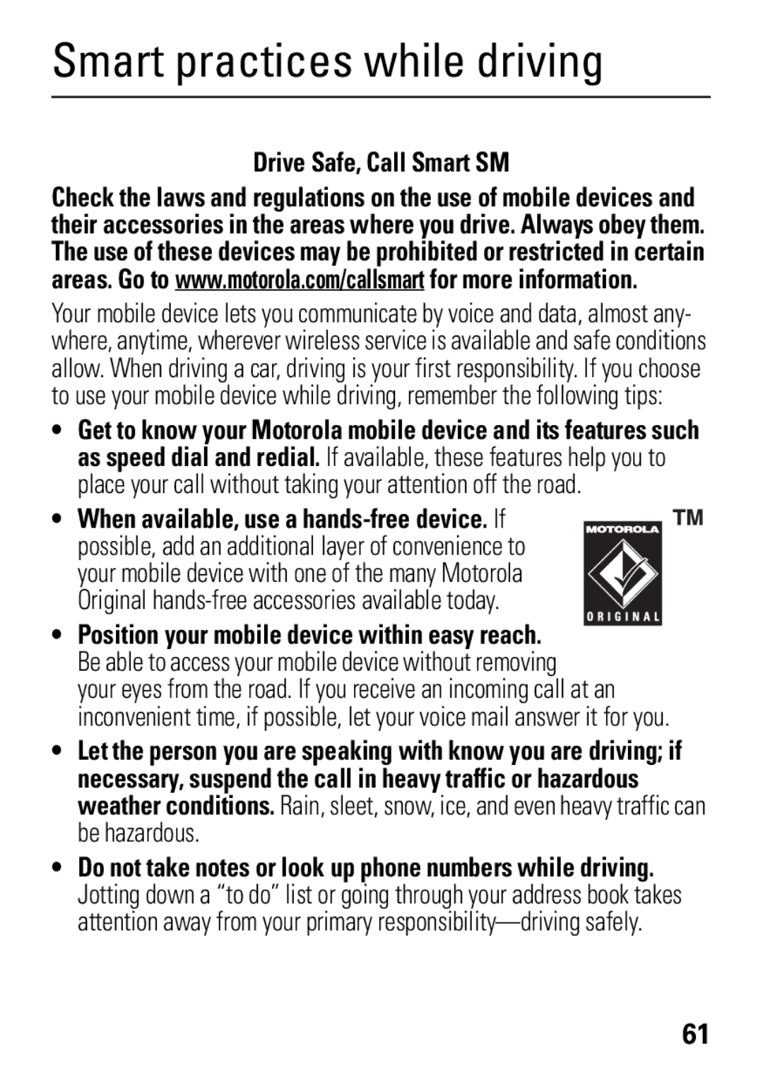 Motorola 68004061015 manual Smart practices while driving, Drive Safe, Call Smart SM 