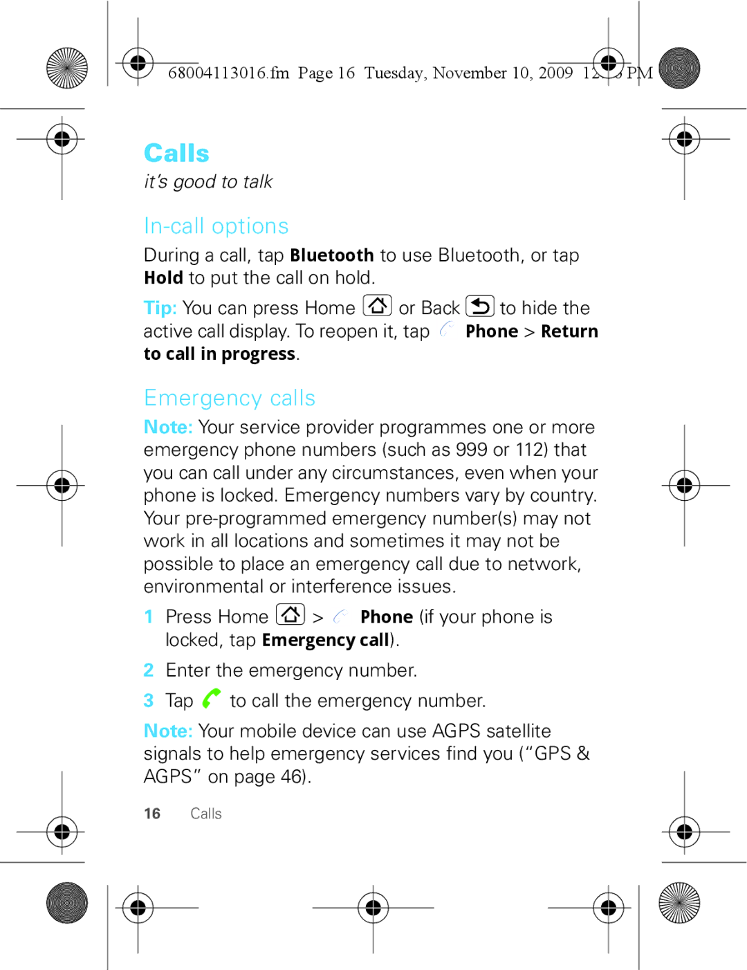 Motorola 68004113016 manual Calls, In-call options, Emergency calls, Fm Page 16 Tuesday, November 10 