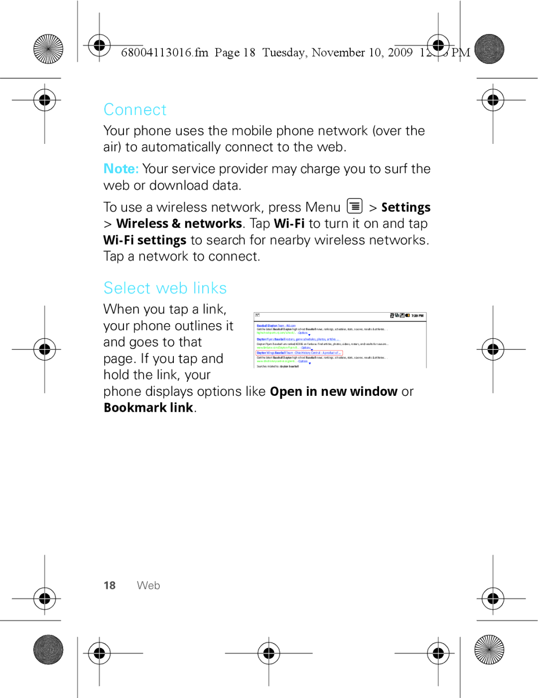 Motorola 68004113016 Connect, Select web links, When you tap a link Your phone outlines it, Goes to that, Page. If you tap 