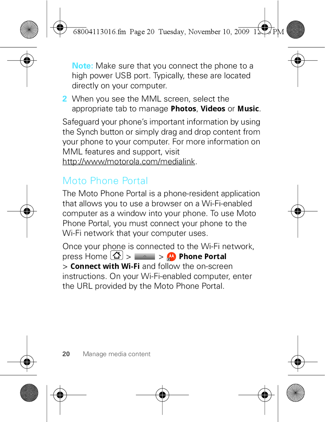 Motorola 68004113016 manual Moto Phone Portal, Fm Page 20 Tuesday, November 10 