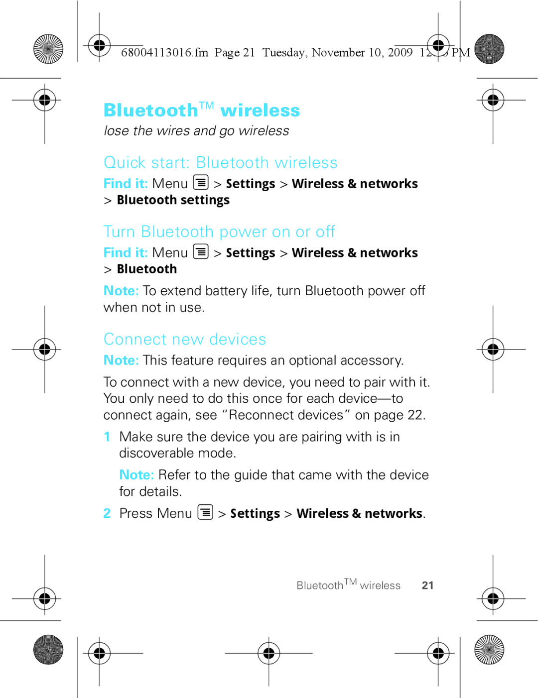 Motorola 68004113016 manual BluetoothTM wireless, Quick start Bluetooth wireless, Turn Bluetooth power on or off 