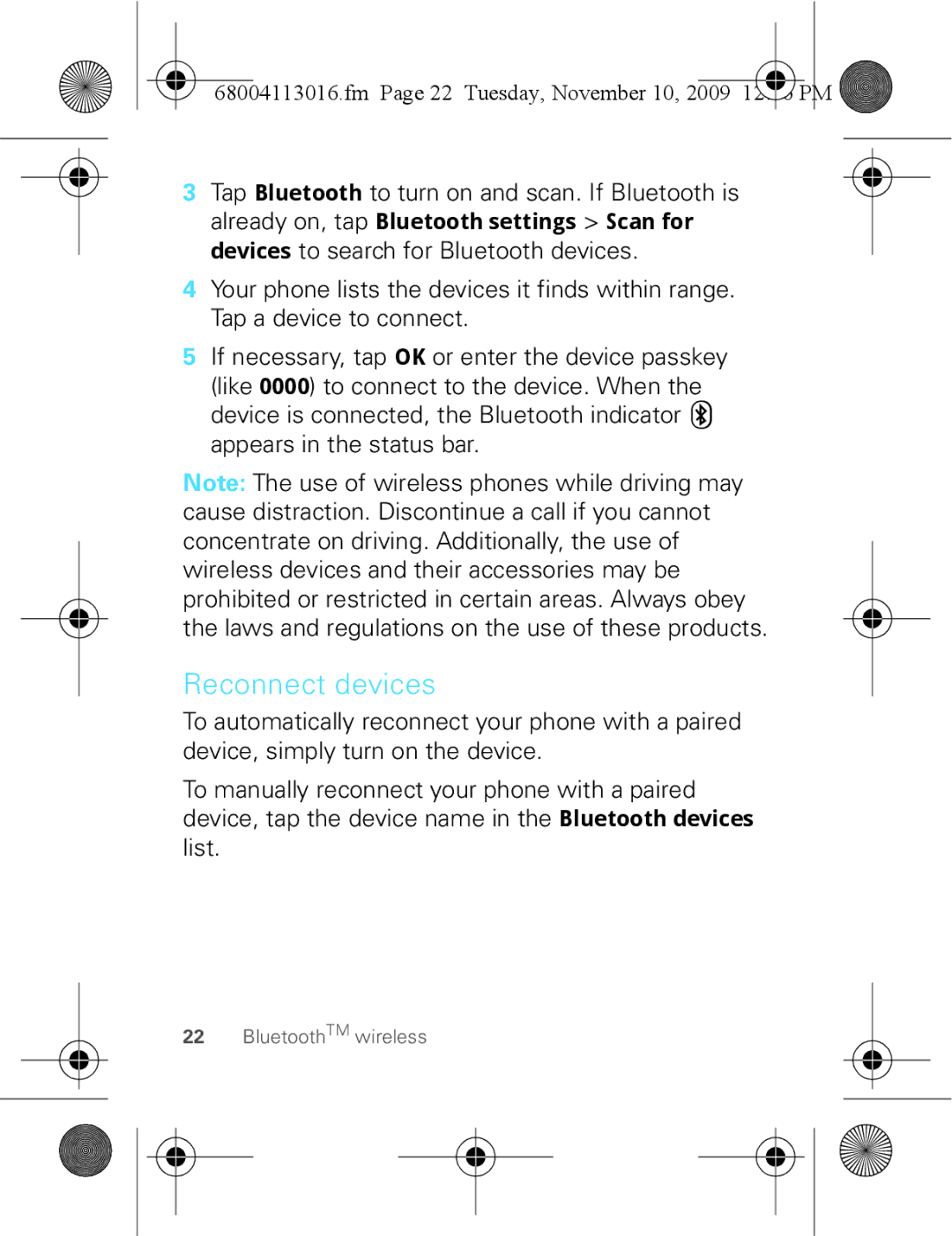 Motorola 68004113016 manual Reconnect devices, Fm Page 22 Tuesday, November 10 