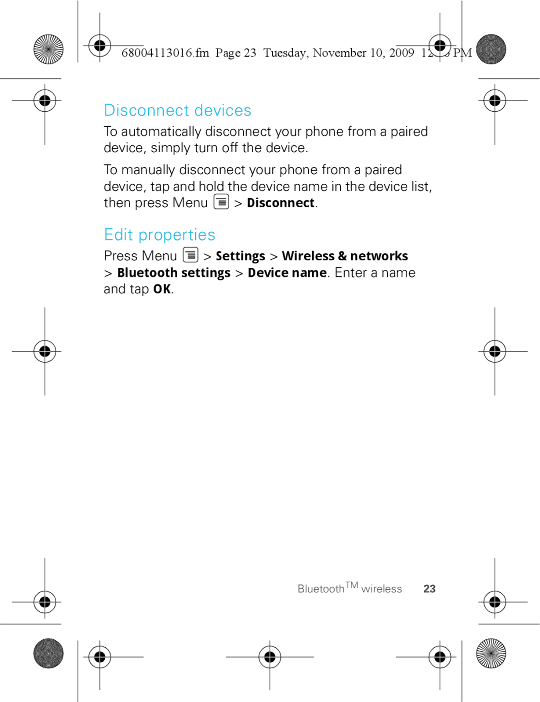 Motorola 68004113016 manual Disconnect devices, Edit properties, Fm Page 23 Tuesday, November 10 