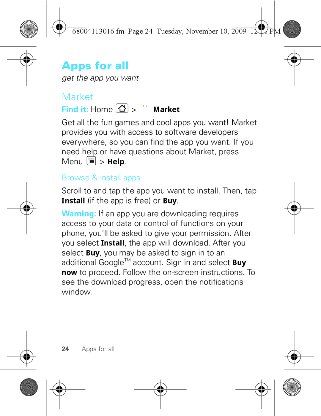 Motorola 68004113016 manual Apps for all, Market, Browse & install apps, Fm Page 24 Tuesday, November 10 