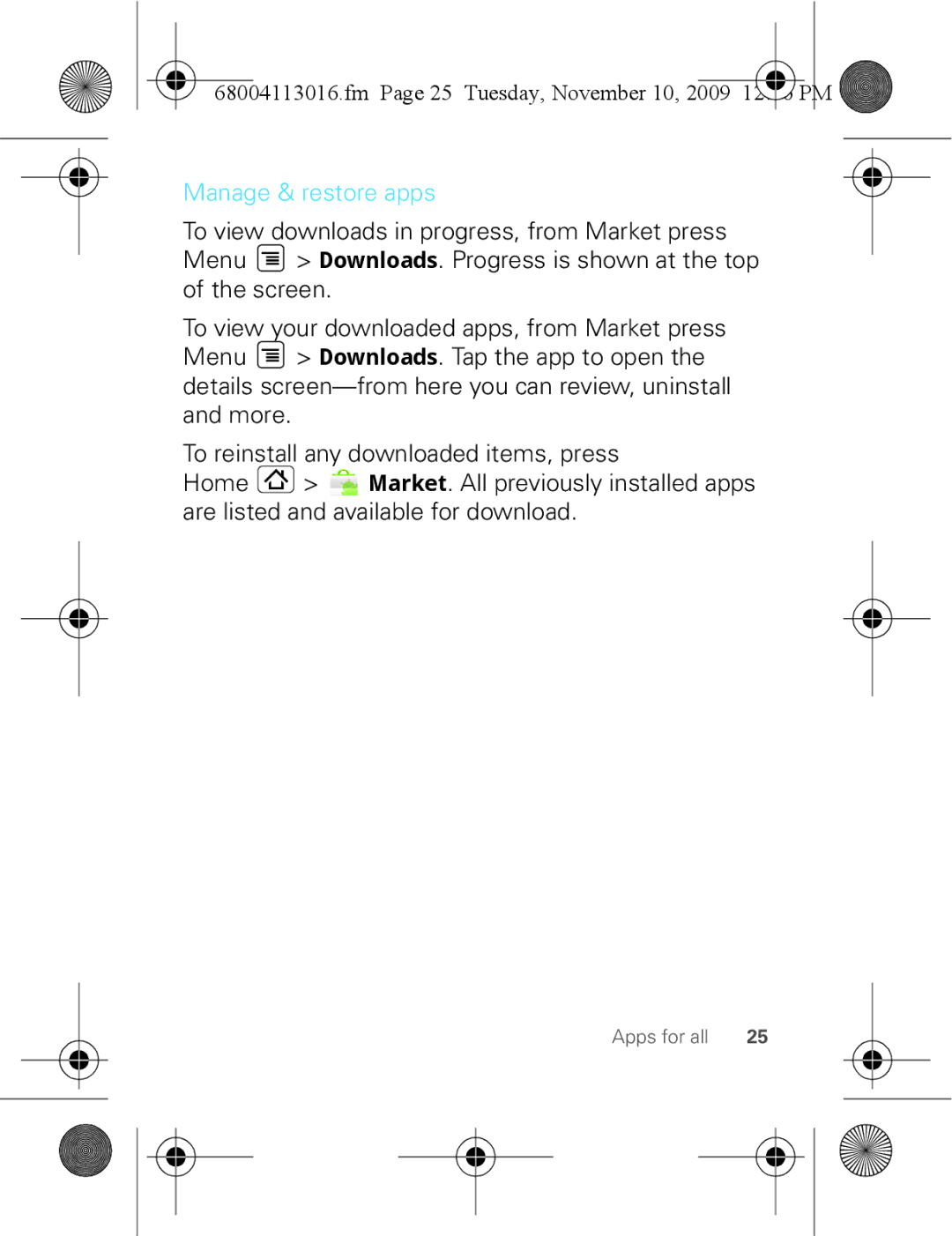 Motorola 68004113016 manual Manage & restore apps, Fm Page 25 Tuesday, November 10 