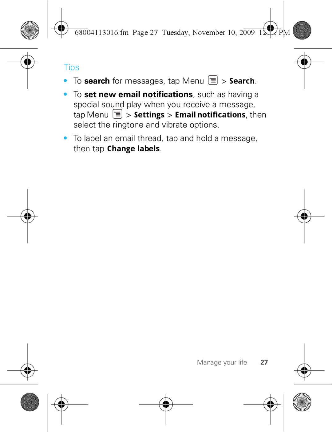 Motorola 68004113016 manual Tips, To search for messages, tap Menu Search, Fm Page 27 Tuesday, November 10 