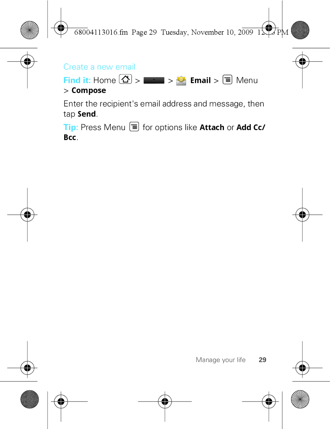 Motorola 68004113016 manual Find it Home Email Menu, Fm Page 29 Tuesday, November 10 