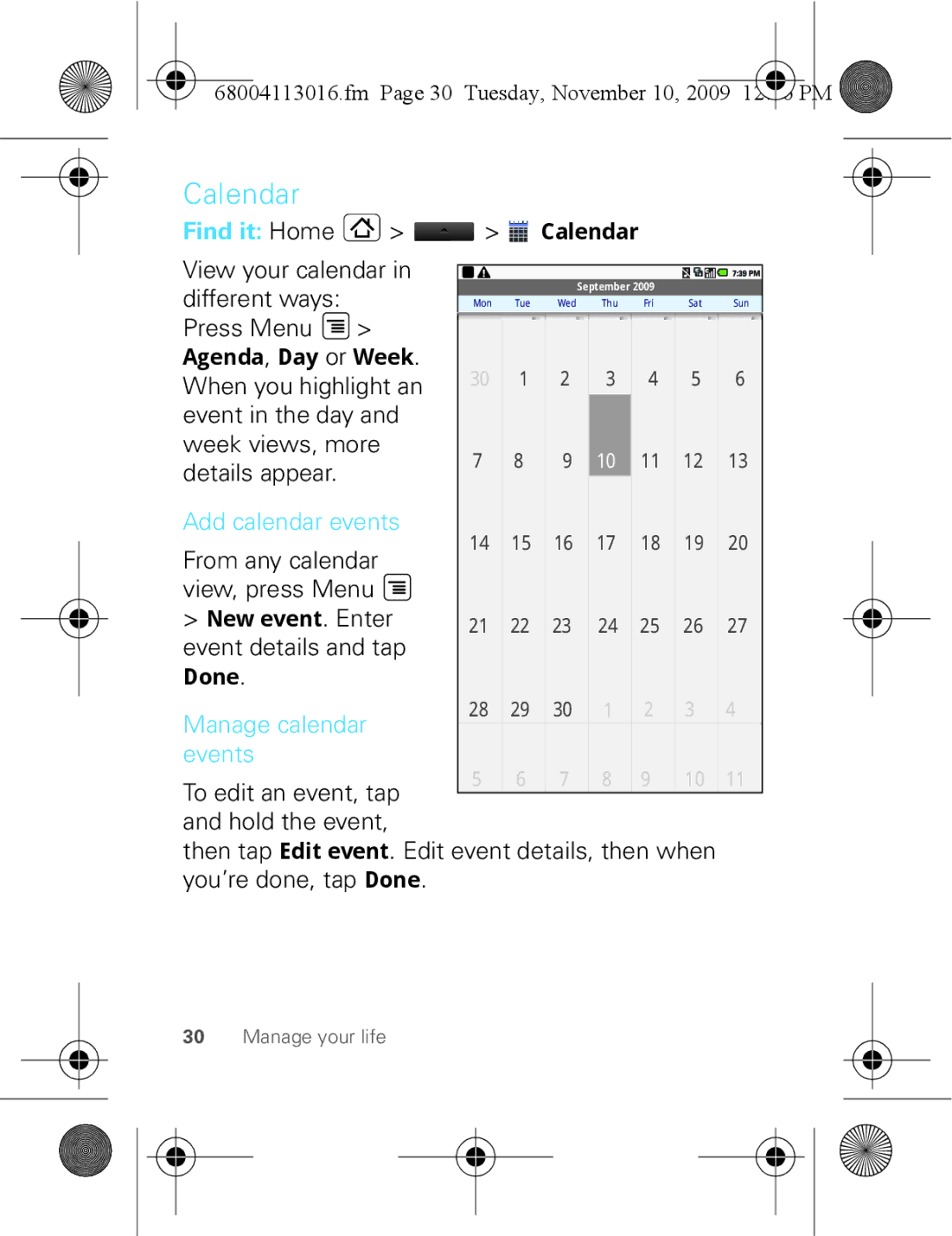 Motorola 68004113016 manual Calendar, Add calendar events, Manage calendar Events, Fm Page 30 Tuesday, November 10 