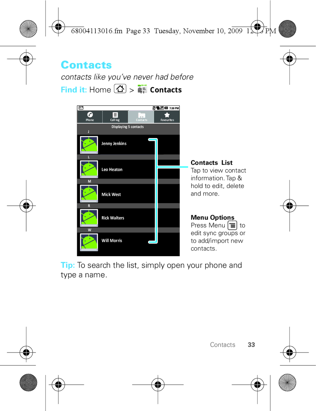 Motorola 68004113016 manual Contacts, Fm Page 33 Tuesday, November 10 